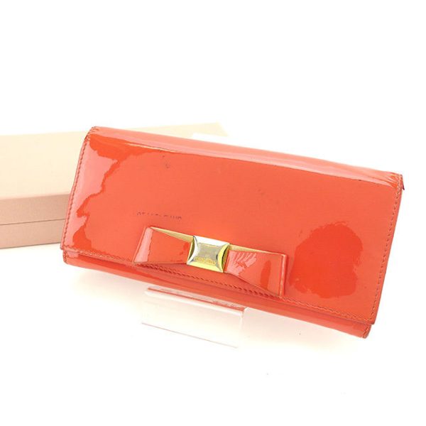 y6324 Miu Miu Long Wallet Ribbon Motif Coral Pink Patent