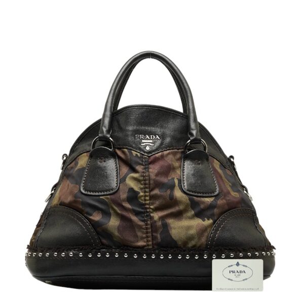 1 0120039 11 Prada Camouflage Studded Nylon Handbag Khaki Black