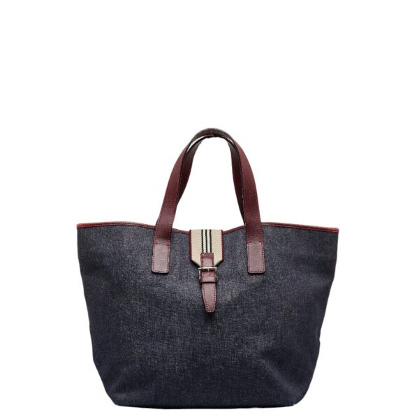 1 0122253 1 Burberry Tote Bag Denim Indigo Blue Wine Red