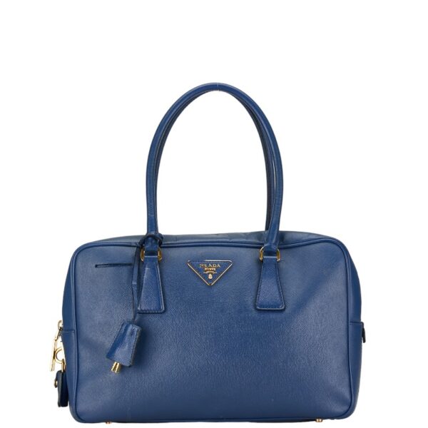 1 0155997 1 Prada Triangle Plate Saffiano Tote Bag Blue