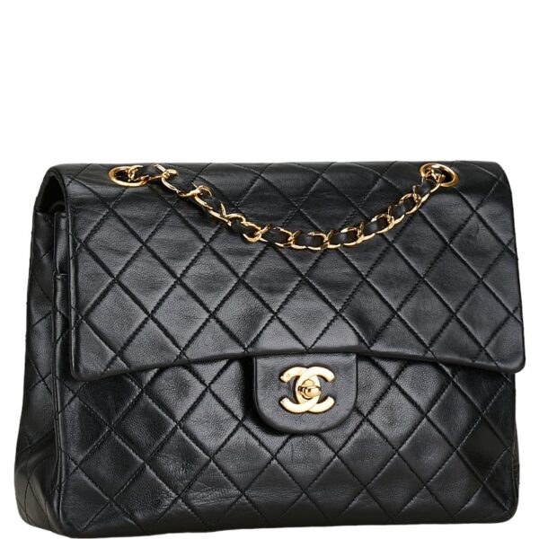 1 0157117 2 Chanel Matelasse 25 Coco Mark Double Flap Chain Shoulder Bag Lambskin Black