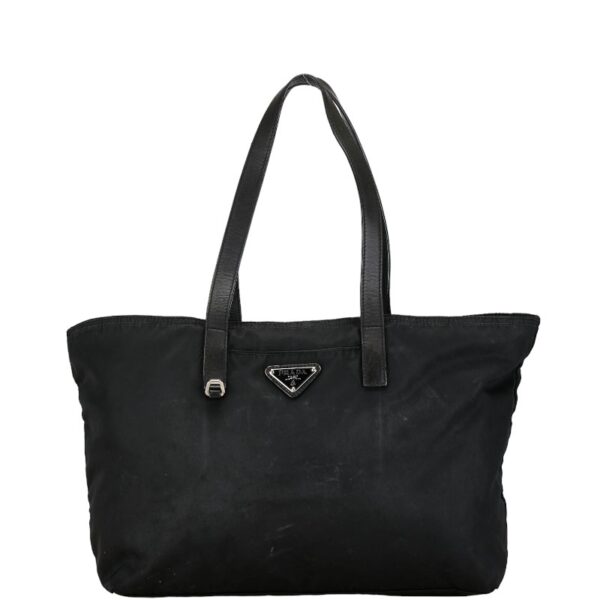 1 0158226 1 Prada Triangle Plate Nylon Tote Bag Black