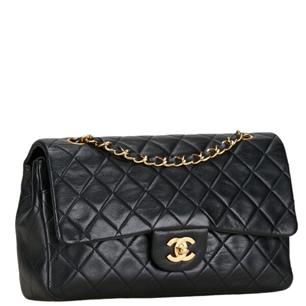 1 0159055 2 Chanel Matelasse 25 Coco Mark Double Flap Chain Shoulder Bag Lambskin Black