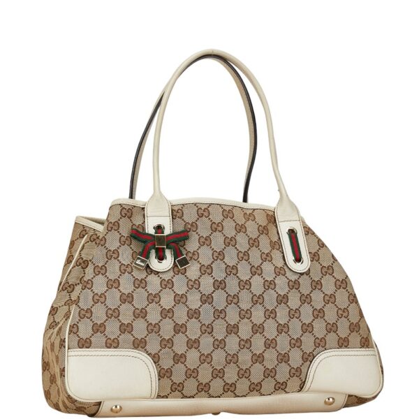 1 0159528 2 Gucci GG Princey Sherry Line Ribbon Tote Bag Beige