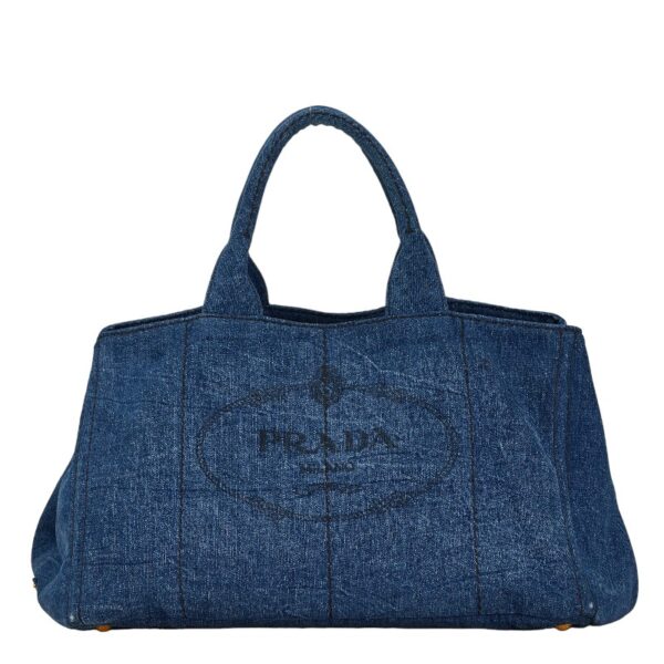 1 0160376 1 Prada Canapa L Triangle Plate Denim Tote Bag Blue