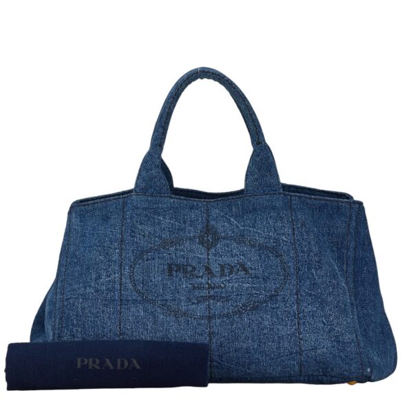 1 0160376 10 Prada Canapa L Triangle Plate Denim Tote Bag Blue