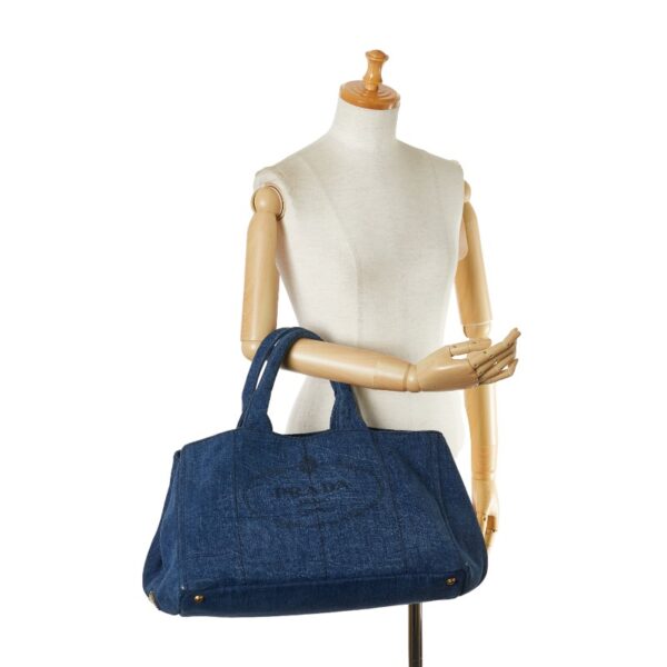 1 0160376 11 Prada Canapa L Triangle Plate Denim Tote Bag Blue