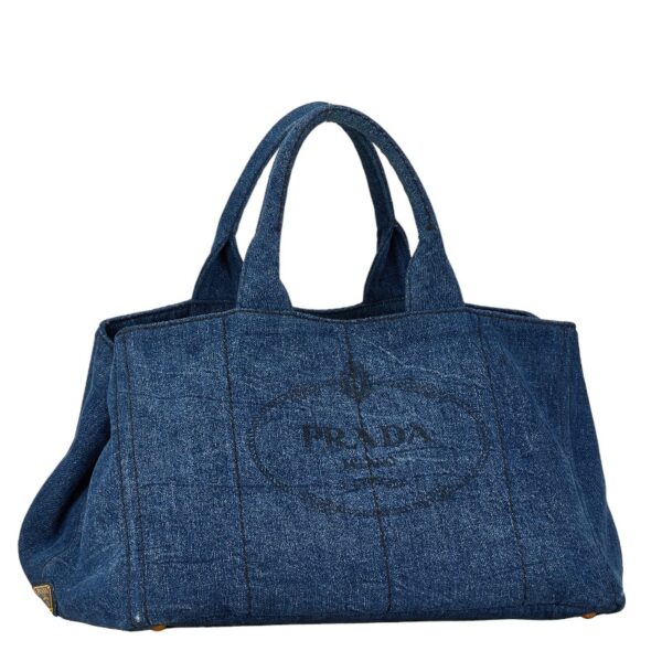 1 0160376 2 Prada Canapa L Triangle Plate Denim Tote Bag Blue