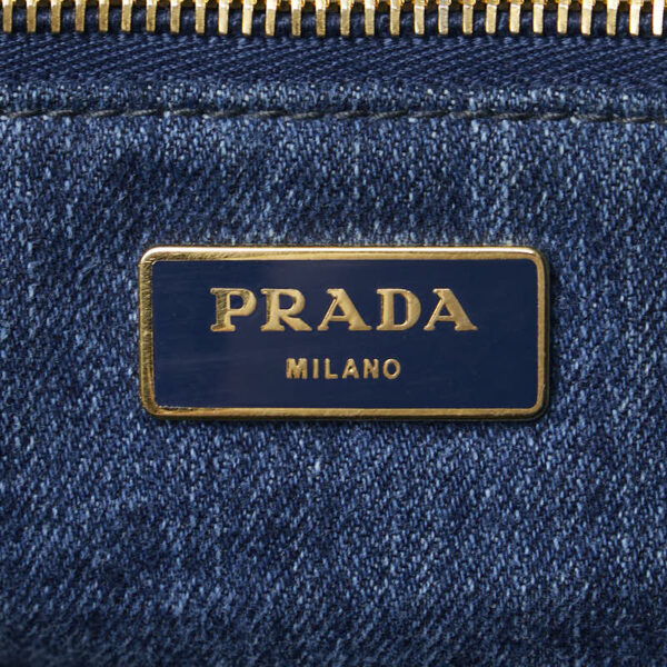 1 0160376 7 Prada Canapa L Triangle Plate Denim Tote Bag Blue