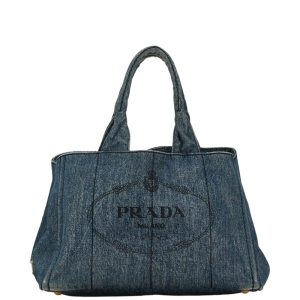 1 0160971 1 Prada Triangle Plate Canapa Denim Tote Bag Indigo Blue