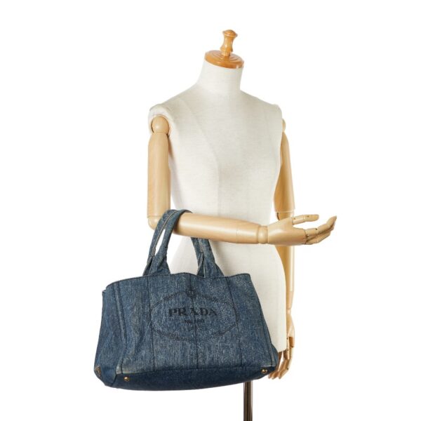 1 0160971 11 Prada Triangle Plate Canapa Denim Tote Bag Indigo Blue