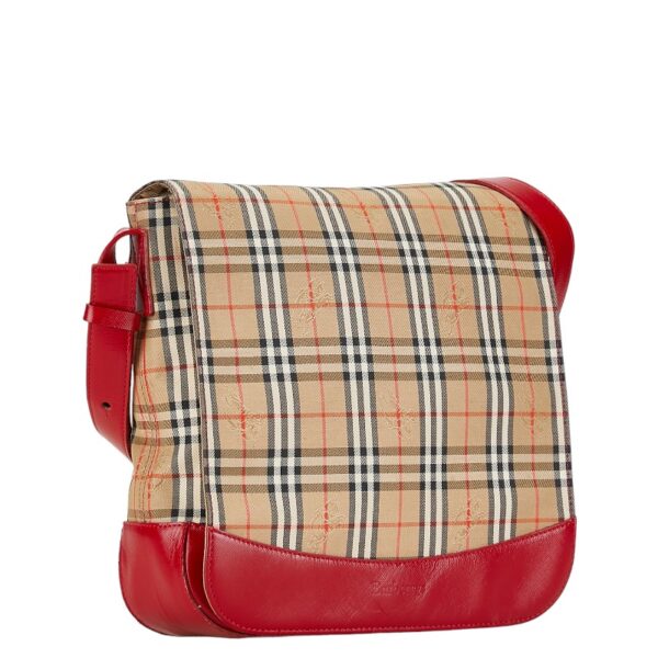 1 0161292 2 Burberry Nova Check Shadow Horse Shoulder Bag Nylon Beige Red