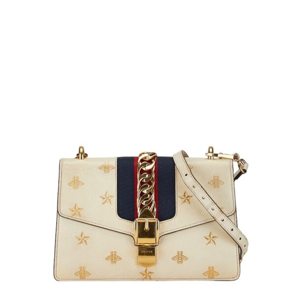 1 0164874 1 Gucci Sylvie Bee Star Chain Shoulder Bag White