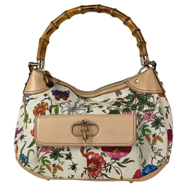 1000036439163 11 Gucci Bamboo Flora Studded Floral Pattern Handbag Beige Multicolor