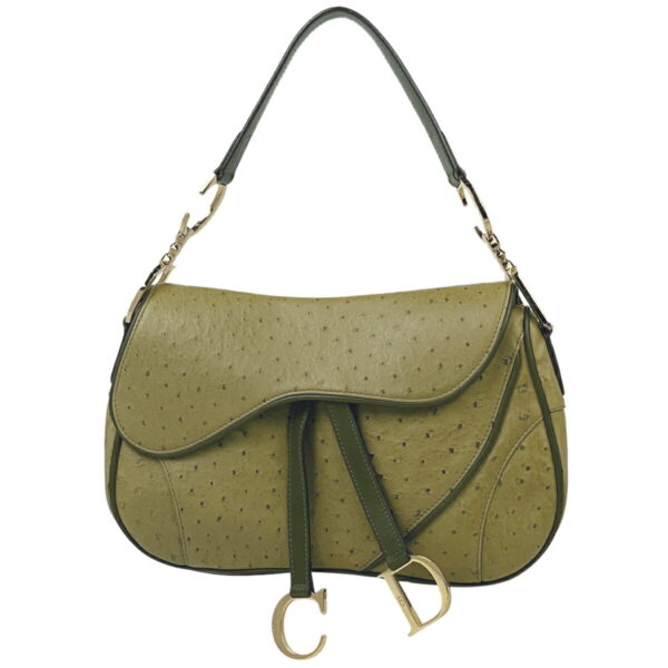 1000041195009 11 Christian Dior Ostrich Saddle Leather Shoulder Handbag Green