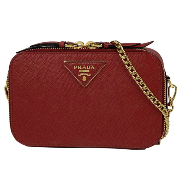 1000043036584 11 PRADA Plate Chain Shoulder Bag 2WAY Waist Bag Saffiano Red