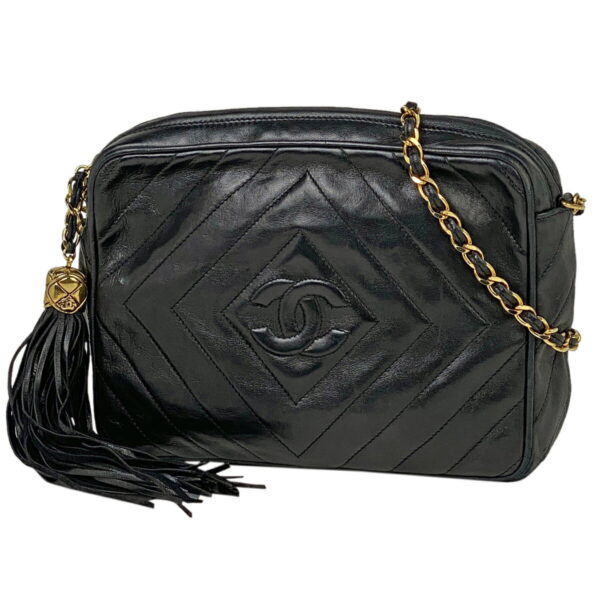 1000049983646 11 CHANEL Cocomark Fringe Tassel Leather Shoulder Bag Black