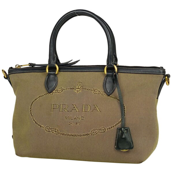 1000050115609 11 PRADA Jacquard Handbag 2WAY Shoulder Bag Canvas Brown Black