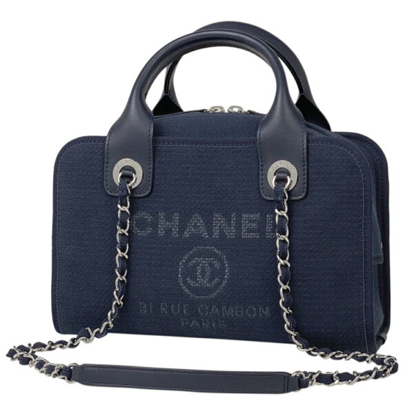 1000052750228 11 CHANEL Deauville Line 2WAY Canvas Bowling Bag Navy