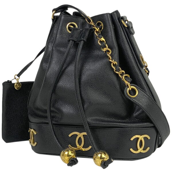 1000053618060 11 Chanel Triple Coco Mark Drawstring Shoulder Bag Caviar Skin Black