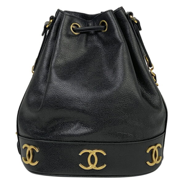 1000053618060 13 Chanel Triple Coco Mark Drawstring Shoulder Bag Caviar Skin Black