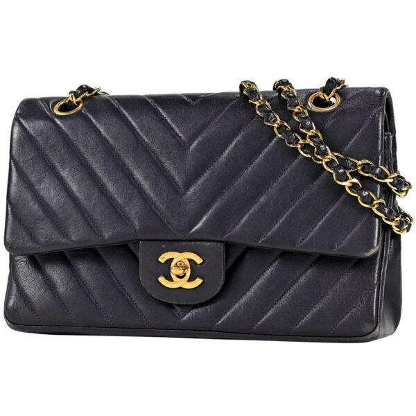 1000064574201 01 Chanel V Stitch Chain W Flap Shoulder Bag Leather Navy