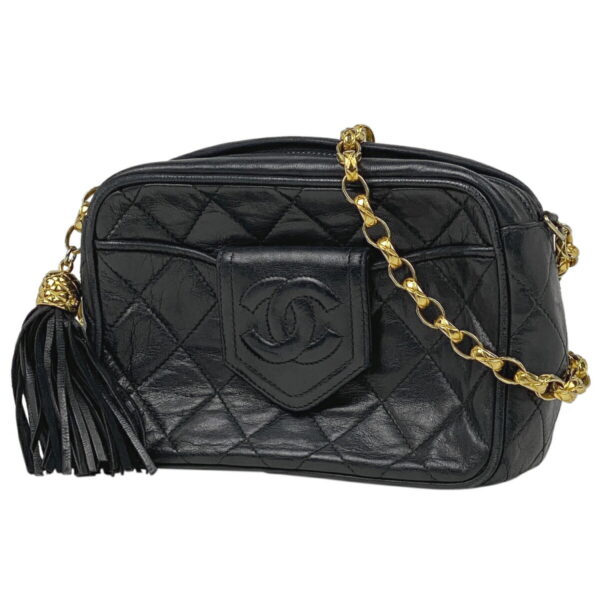 1000065059042 11 Chanel Cocomark Fringe Chain Tassel Matelasse Shoulder Bag Leather Black