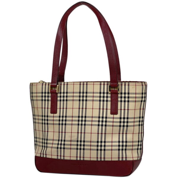 1000065231011 11 Burberry Check Pattern Canvas Tote Handbag Beige Bordeaux