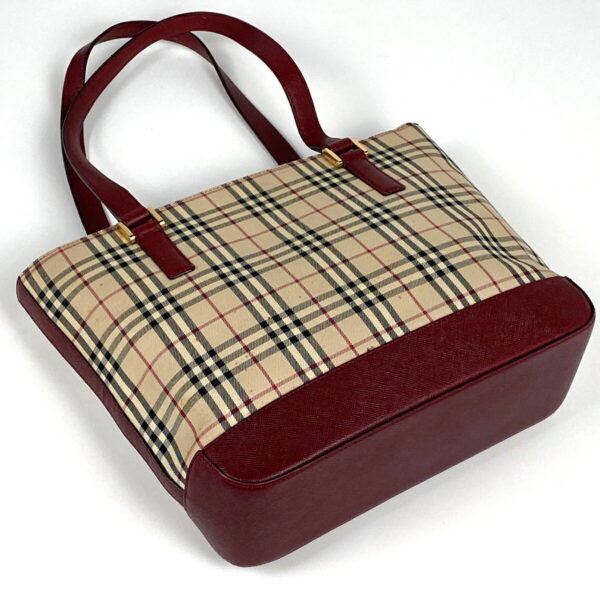 1000065231011 12 Burberry Check Pattern Canvas Tote Handbag Beige Bordeaux