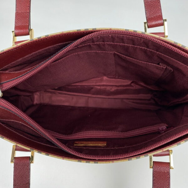 1000065231011 16 Burberry Check Pattern Canvas Tote Handbag Beige Bordeaux