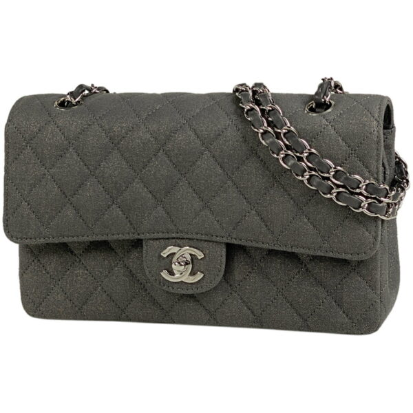 1000066694242 11 Chanel Matelasse W Flap Chain Lame Shoulder Bag Canvas Gray