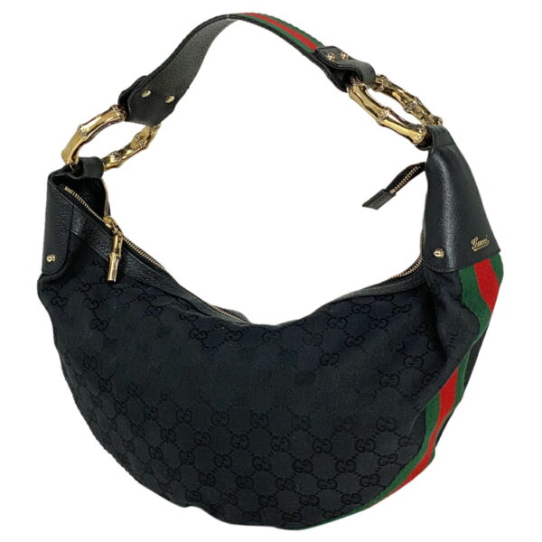 1000068956973 11 Gucci GG Pattern Sherry Line Bamboo Motif Shoulder Bag GG Canvas Black Green Red