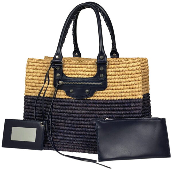 1000069123411 11 Balenciaga Bicolor Straw Raffia Tote Basket Bag Beige Purple Navy