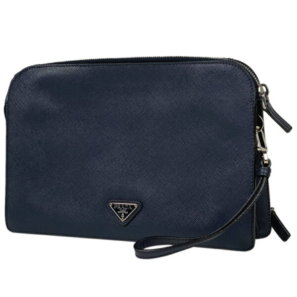 1000069428899 11 PRADA Plate Bag Clutch Bag Leather Navy