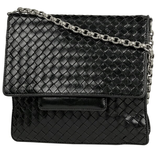 1000070126111 11 Bottega Veneta Intrecciato Leather Chain Shoulder Bag Black