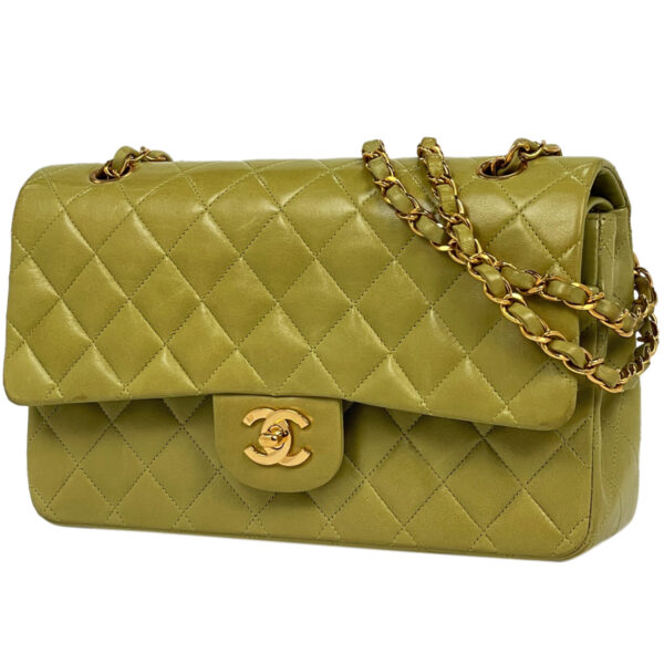 1000071041505 11 Chanel Matelasse W Flap Chain Shoulder Bag Leather Green