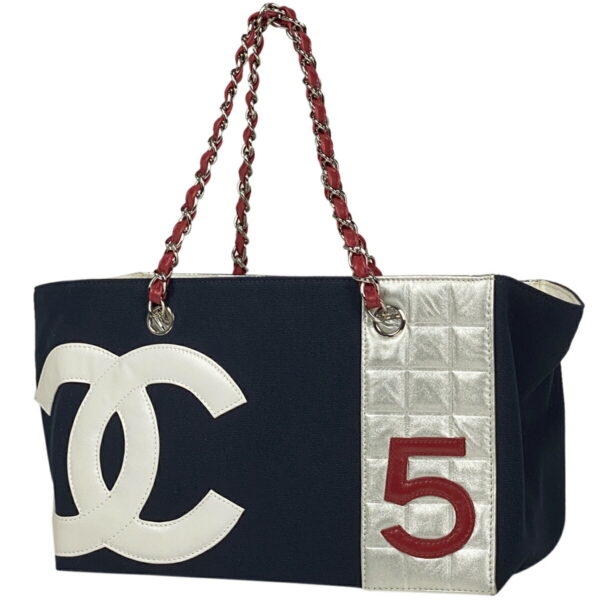 1000071051085 11 Chanel Coco Mark Chain Tote Bag Chocolate Bar Canvas Blue Red