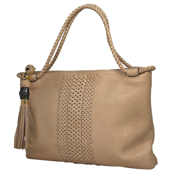 1000071491027 11 Gucci Woven Web Bamboo Tote Bag Leather Beige