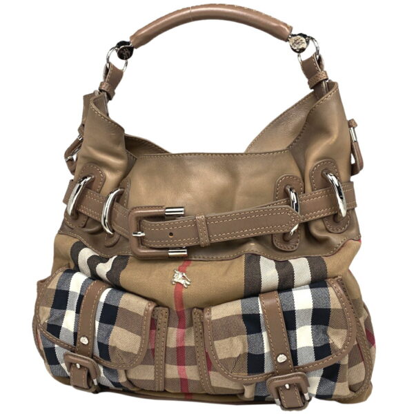 1000071685228 11 Burberry Check Pattern Canvas 2WAY Shoulder Handbag Beige