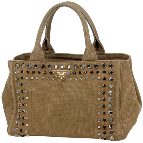 1000071776391 11 PRADA Canapa Bijou Studded Tote Canvas Brown