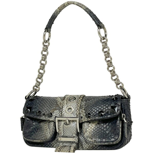 1000071885000 11 PRADA Plate Chain Shoulder Bag Python Leather Gray White