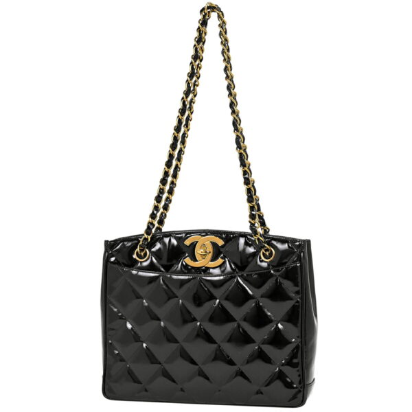 1000071939376 01 Chanel Cocomark Chain Matelasse Enamel Shoulder Bag Patent Leather Black