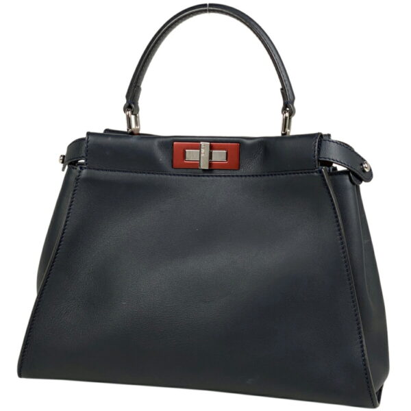 1000073467082 11 FENDI Peekaboo Handbag 2WAY Shoulder Bag Turnlock Leather Navy