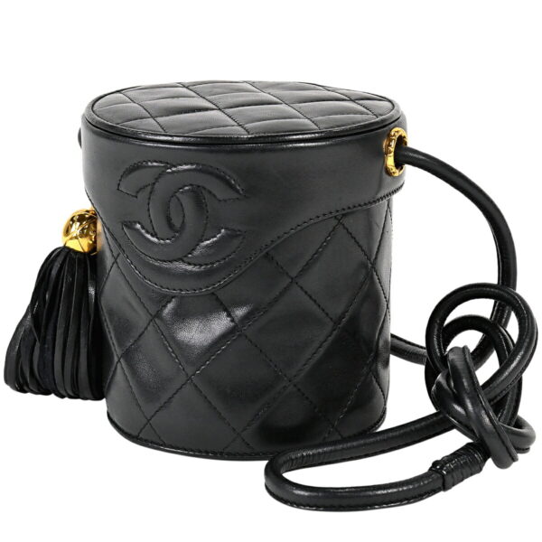 1000074948030 01 Chanel Cocomark Vanity Fringe Cylindrical Shoulder Bag Leather Black