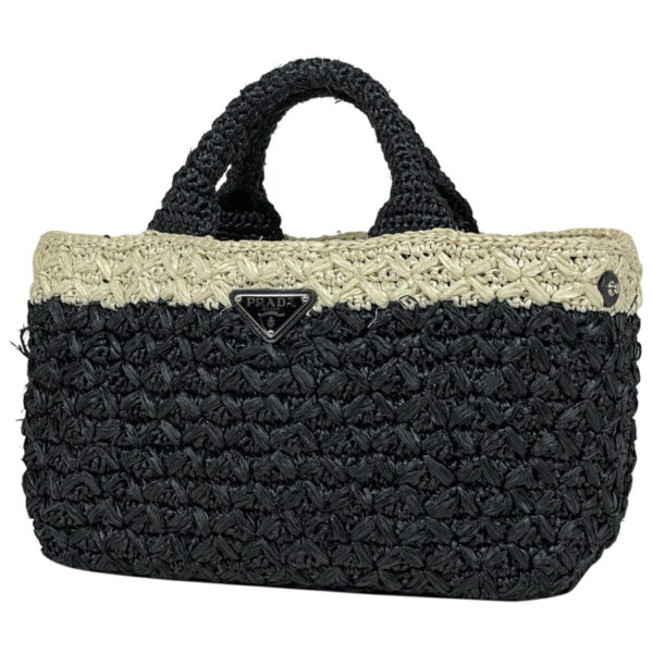 1000076122094 11 PRADA Plate Woven Basket Tote Black White