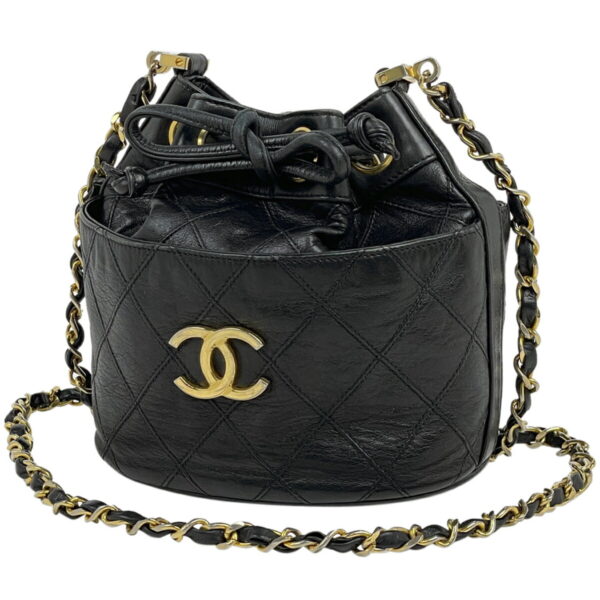 1000076715388 11 Chanel Bicolor Chain Drawstring Shoulder Bag Leather Black