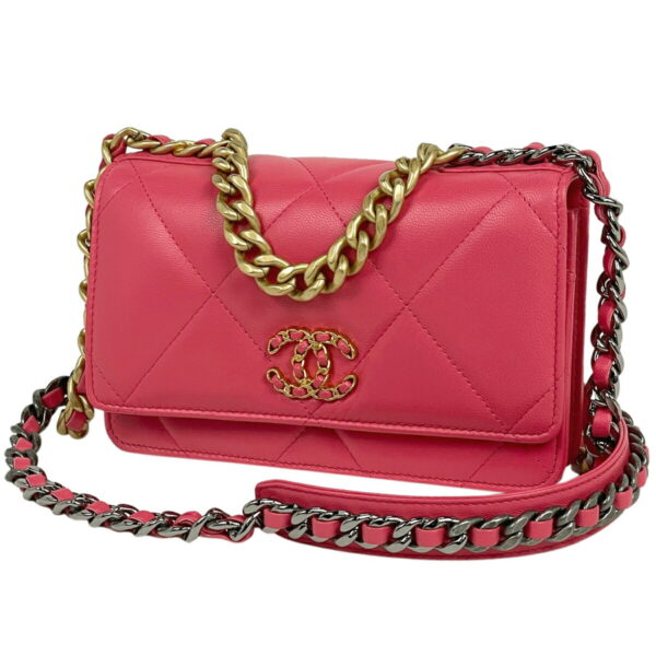 1000077375246 11 Chanel 19 Chain Wallet Coco Mark Shoulder Bag Leather Pink