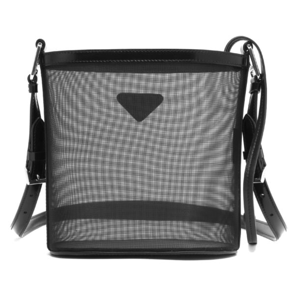 119297m3 Prada Triangle Plate Mesh Bucket Bag Black