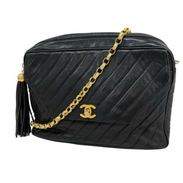 1240001053519 1 Chanel V Stitch Fringe Lambskin Shoulder Bag Black