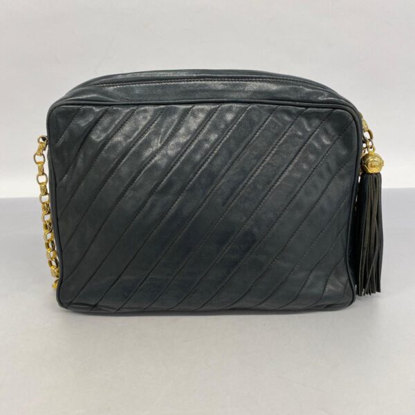 1240001053519 14 Chanel V Stitch Fringe Lambskin Shoulder Bag Black